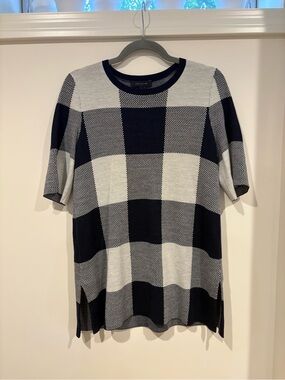 Ann Taylor Navy and White Check Knit Short Sleeve Top